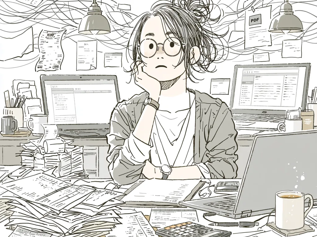 領収書やレシートの山に囲まれ、途方に暮れる経理担当者の線画イラスト