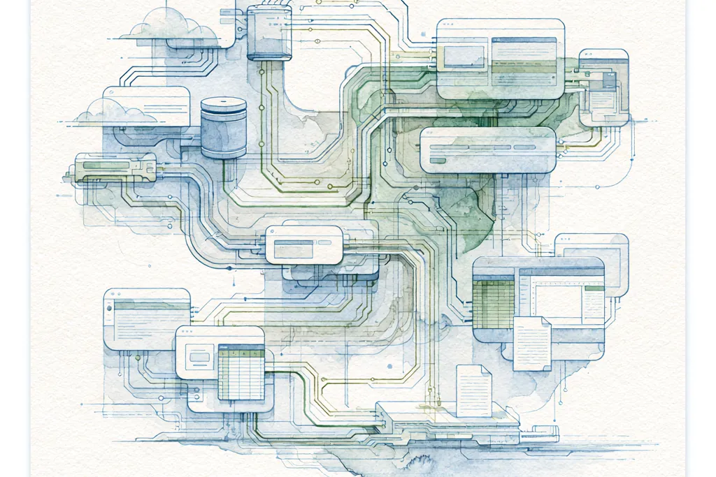 システム連携の全体像を描いた水彩の構成図（イメージ）
