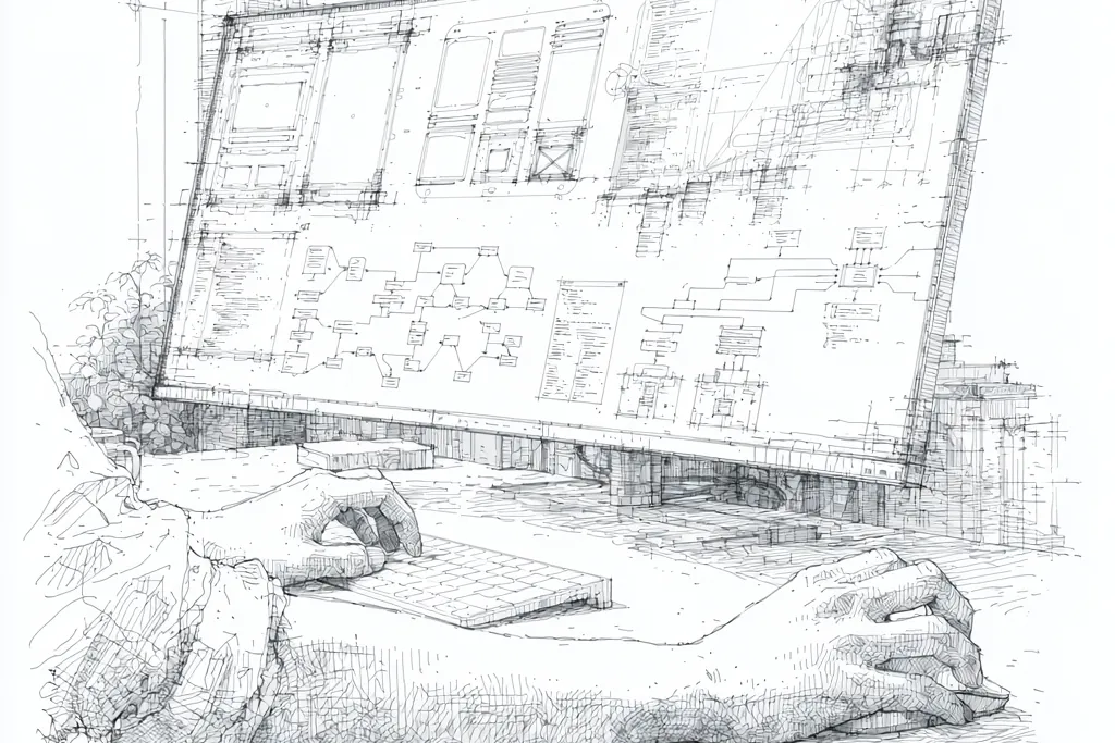 画面設計を表示したモニターと作業する手元を描いたスケッチ（イメージ）