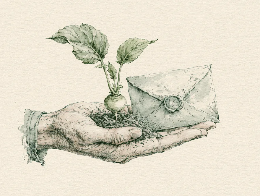 手のひらの上で芽吹く蕪と、封蝋の手紙の水彩画