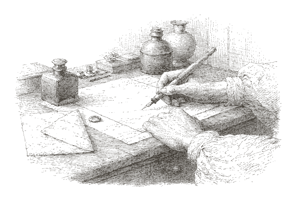 万年筆で手紙をしたためる手元のペン画イラスト