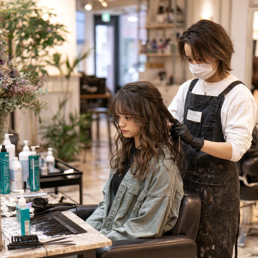 パーマの施術を受けている来店客の様子